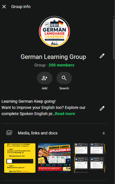 WhatsApp German Learning Group info screen showing 200 members