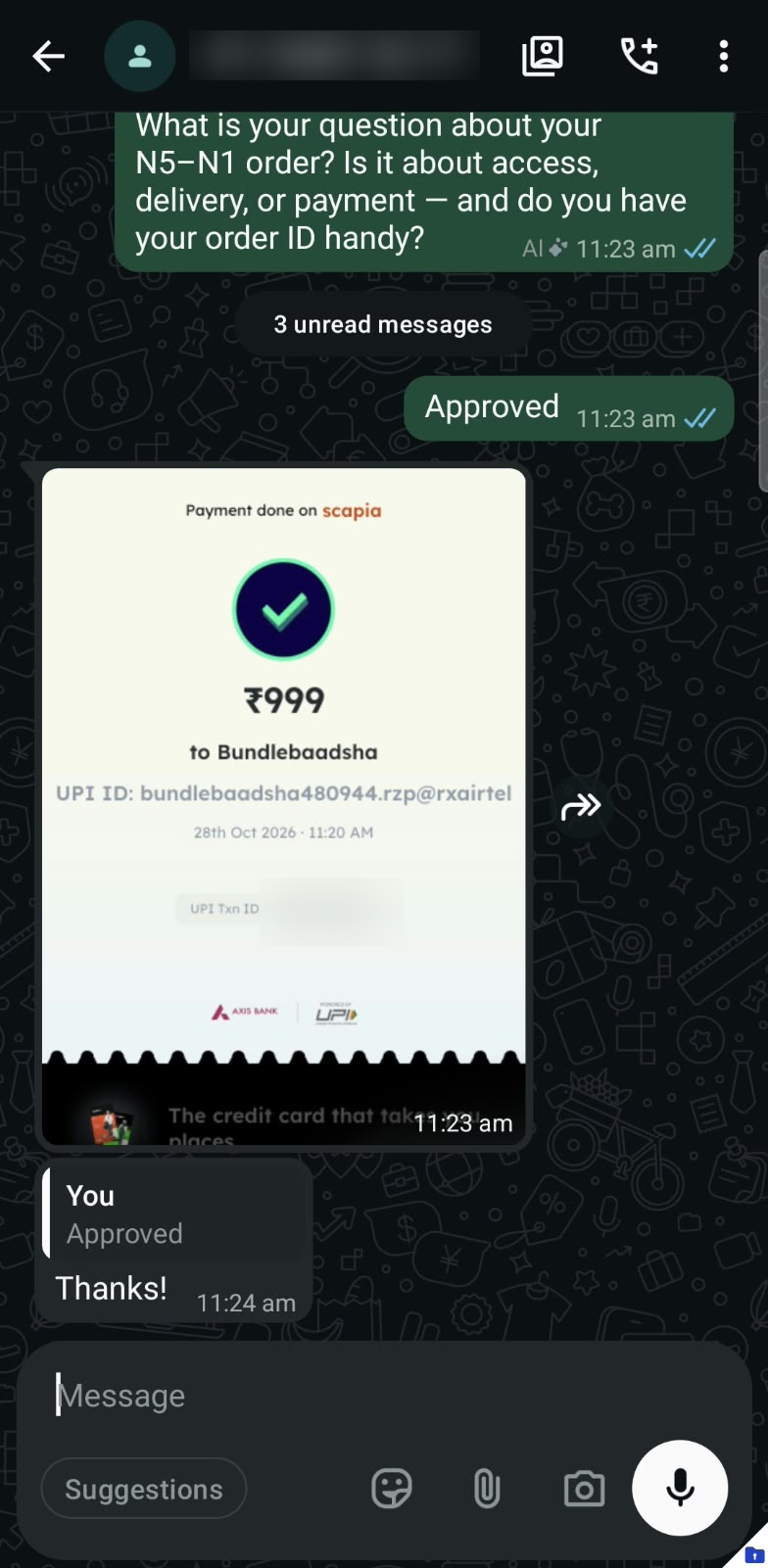 Customer sharing their ₹999 payment confirmation for the German course on WhatsApp