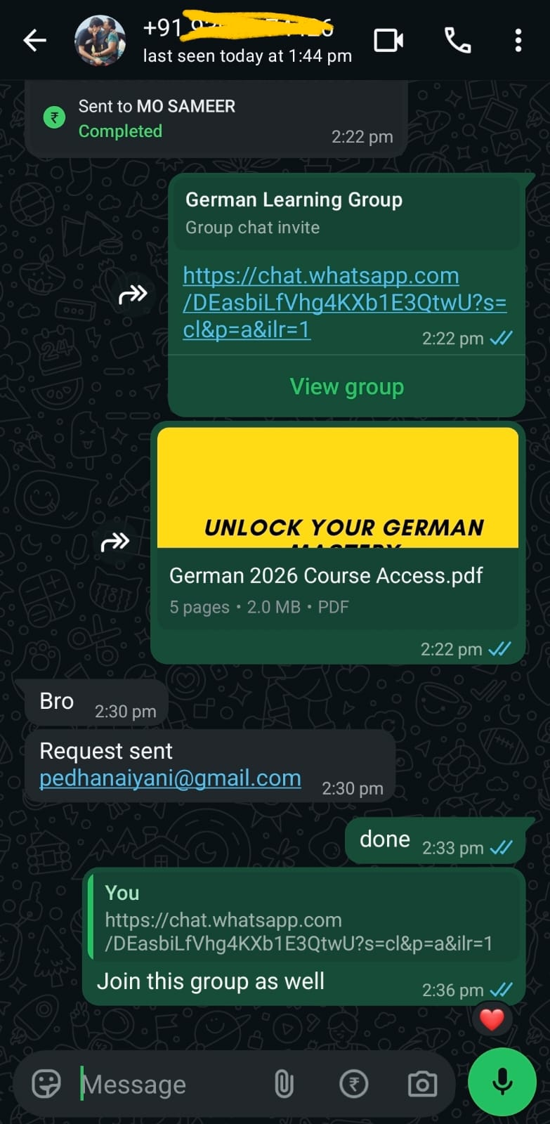 Customer receiving the course access file and community invite after payment