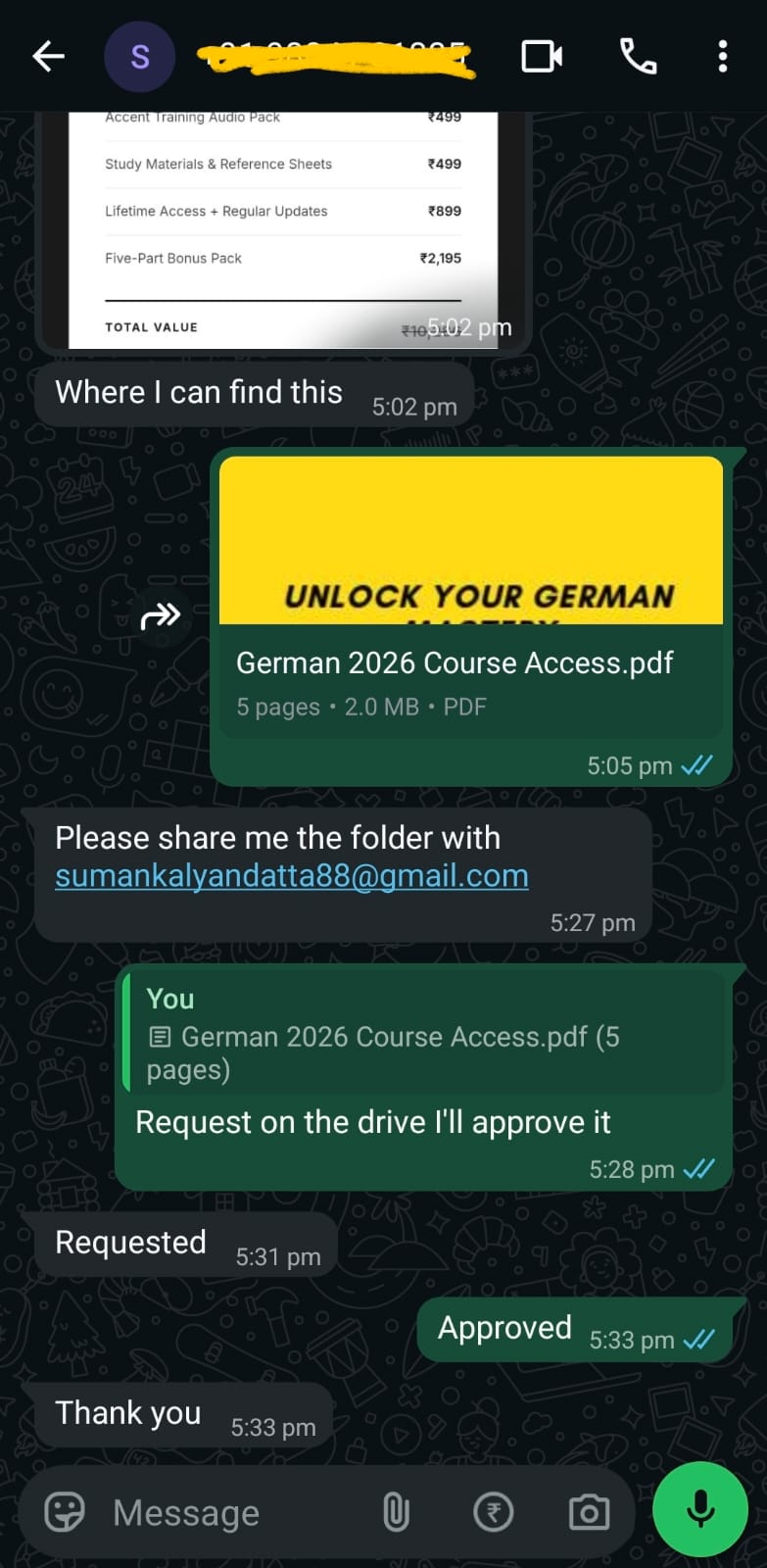 Customer receiving the course access PDF and folder access after purchase