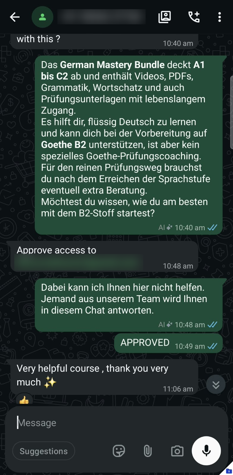 Customer thanking the team and calling the German course very helpful on WhatsApp